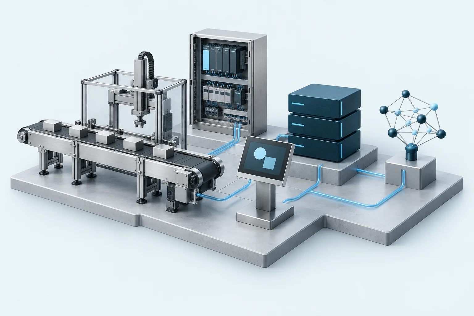 Illustrazione di una linea automatizzata con controllo PLC, terminale operatore e sistemi software collegati a una rete di dati.
