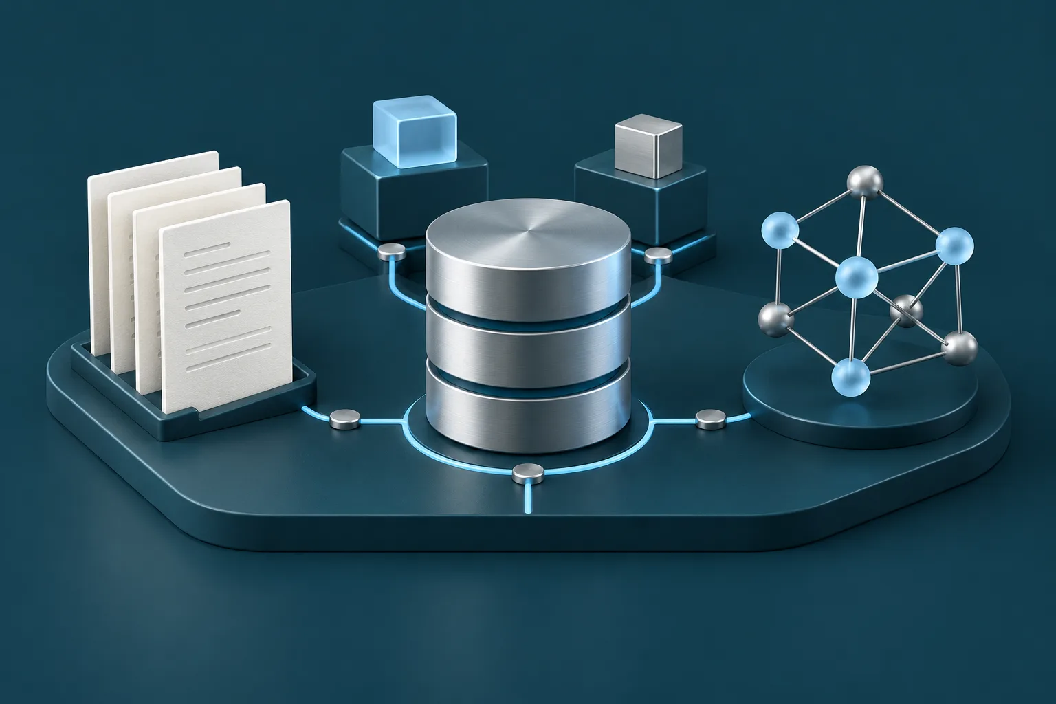 Illustrazione di documenti, database e moduli software collegati a una rete di conoscenza aziendale.